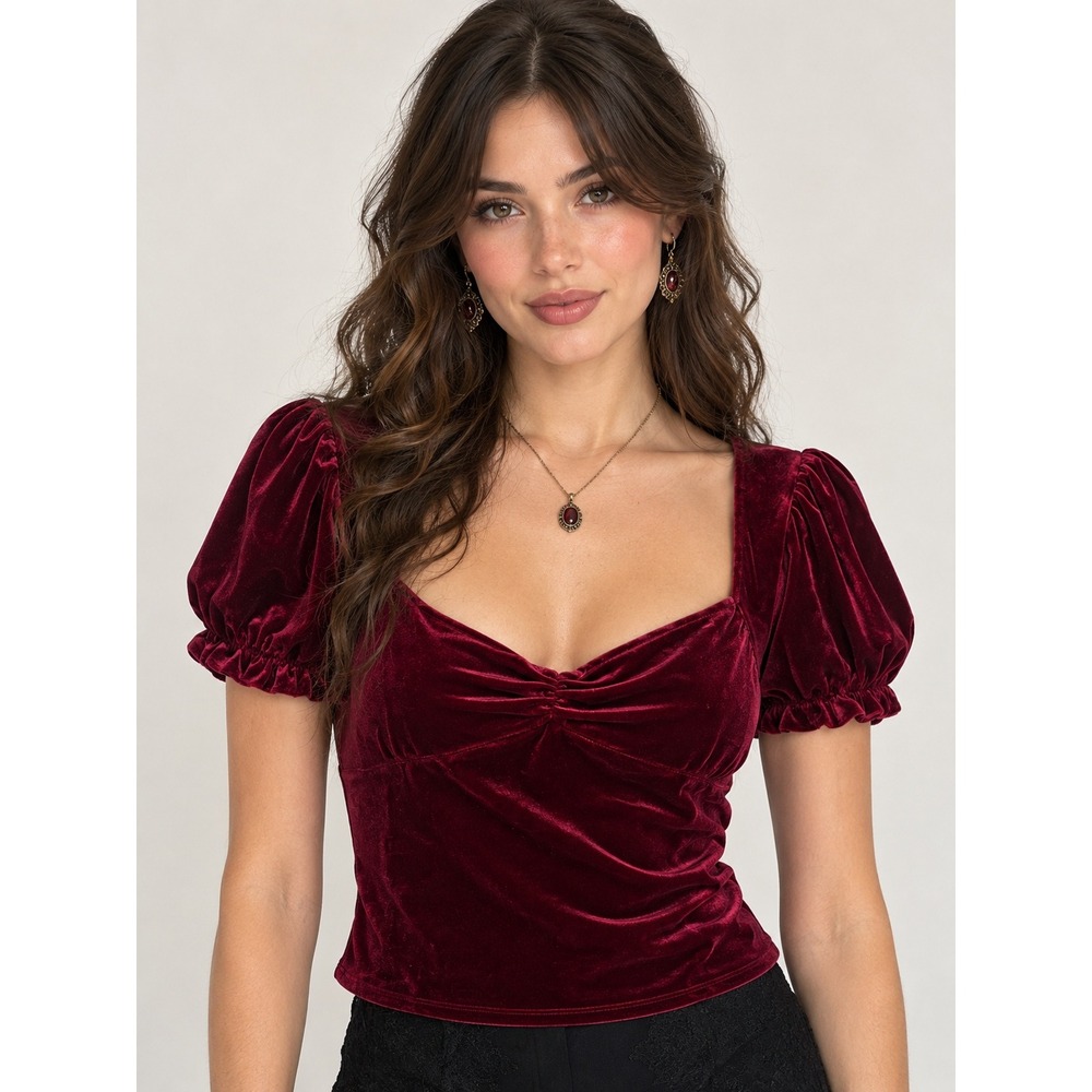 Whimsigoth Burgundy Velvet Puff Sleeve Top Small Dark Romantic Renaissance F21